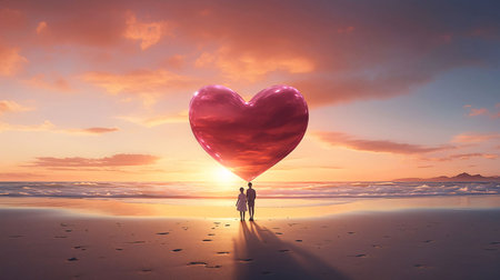 In love couple boy and girl on the beach at sunset above them heart red balloon. Heart as a symbol of affection and love. The time of falling in love and love.の写真素材