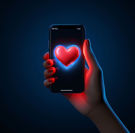 Smartphone screen with a red heart held in the palm of the hand. Heart as a symbol of affection and love. The time of falling in love and love.の写真素材