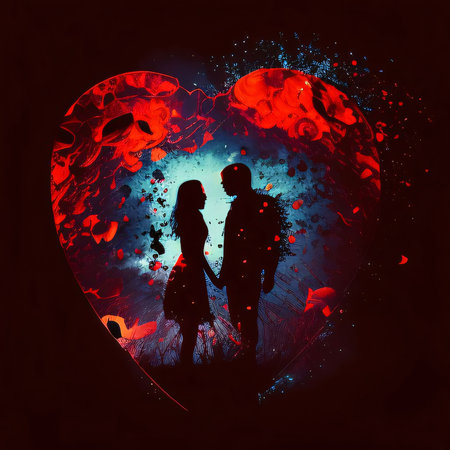 Black Silhouette of a couple in love in a heart, dark background. Heart as a symbol of affection and...