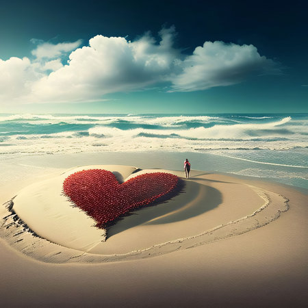 Red heart on the sand on the beach by the sea. Heart as a symbol of affection and love. The time of...
