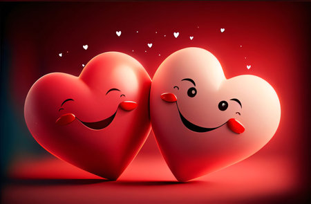 Two red Hearts with blushes, eyes, smiles on a red background. Heart as a symbol of affection and...