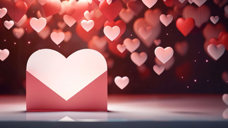 Red and pink hearts and a heart-shaped envelope.Valentine's Day banner with space for your own content. White background color. Blank field for the inscription. Heart as a symbol of affection and love.の写真素材