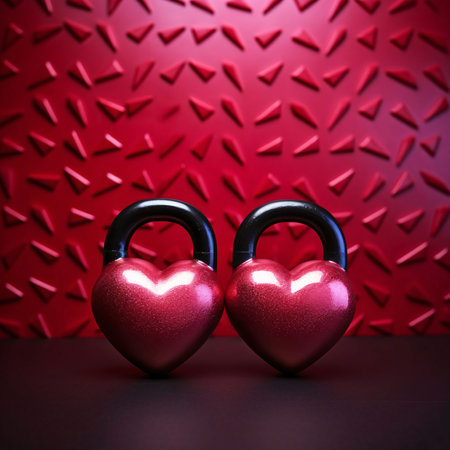 Two tiny heart-shaped padlocks on a red background. Heart as a symbol of affection and love. The time of falling in love and love.の写真素材