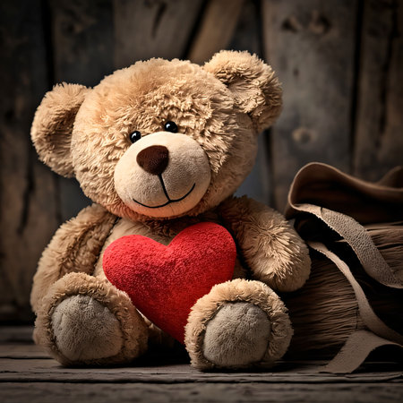 Plush teddy bear with Red heart around wooden background. Heart as a symbol of affection and love. The time of falling in love and love.の写真素材