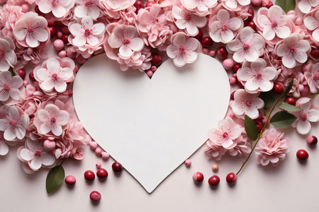 White heart, decorated with white pink flowers.Valentine's Day banner with space for your own...
