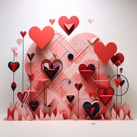 Abstract pink and red decorations with hearts. Heart as a symbol of affection and love. The time of...