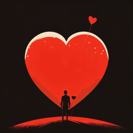 Silhouette of a man standing in front of a big red heart on a black background. Heart as a symbol of affection and love. The time of falling in love and love.の写真素材