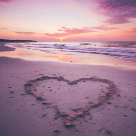 Placed on the sand on the beach at sunset heart. Heart as a symbol of affection and love. The time of falling in love and love.の写真素材