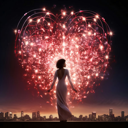 Standing black woman against the background of a red heart with fireworks at night. Valentine's Day as a day symbol of affection and love. The time of falling in love and love.の写真素材