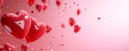Red hearts and small confetti pink background.Valentine's Day banner with space for your own content. Heart as a symbol of affection and love.の写真素材