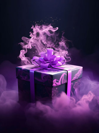 Black and purple gift, box, around purple smoke, purple bow, dark background. Gifts as a day symbol...