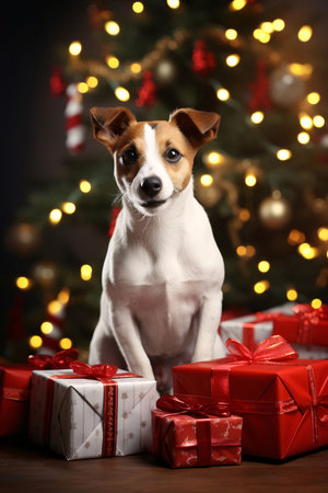 Dog, around red white gifts with bows in the background Christmas tree with lights.Valentine's Day banner with space for your own content. Heart as a symbol of affection and love.の写真素材