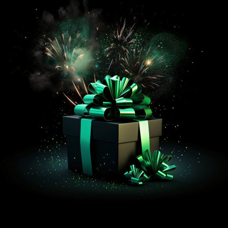 Black gift with bow in the background evening fireworks.Valentine's Day banner with space for your...