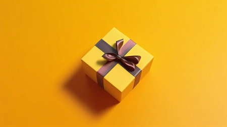 Yellow gift with brown bow on orange.Valentine's Day banner with space for your own content. Heart as a symbol of affection and love.の写真素材