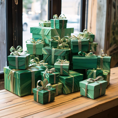 On a wooden top green gifts with green bows of different sizes.Valentine's Day banner with space for your own content. Heart as a symbol of affection and love.の写真素材