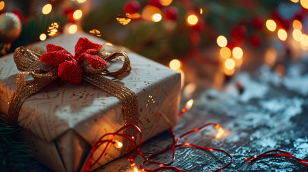 White gift with a red bow around small Christmas tree lights. Gifts as a day symbol of present and...
