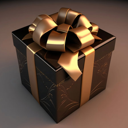 Black box with decorations with a gold bow. Gifts as a day symbol of present and love. A time of falling in love and love.の写真素材
