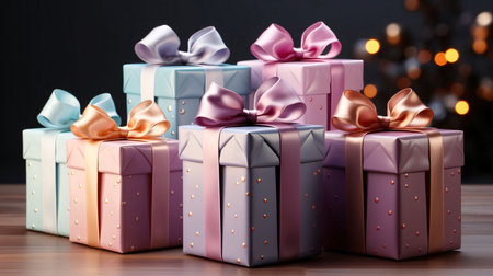 Gifts with bows on a background smudged dark. Gifts as a day symbol of present and love. A time of...