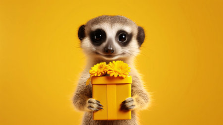 Smiling ferret holding a tiny gift with milkweed on an orange background. Gifts as a day symbol of present and love. A time of falling in love and love.の写真素材