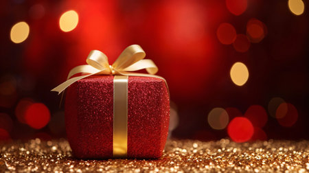 Red box, gift with gold bow around gold confetti dust, bokeh effect in the background.Valentine's...