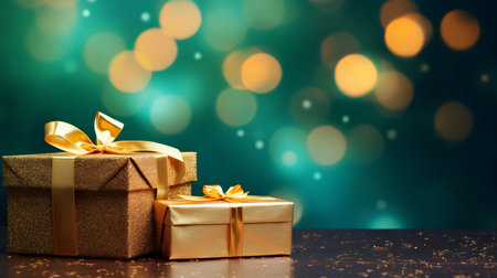 Two gifts with orange bows on wooden table top in background bokeh effect.Valentine's Day banner...