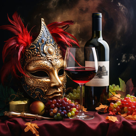 Table with red fabric, grapes, wine, glass and gold carnival mask with decorations. Carnival outfits, masks and decorations. A time of fun and celebration before the fast.の写真素材