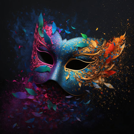 Carnival eye mask with colorful decorations, dark background Holi powder. Carnival outfits, masks and decorations. A time of fun and celebration before the fast.の写真素材