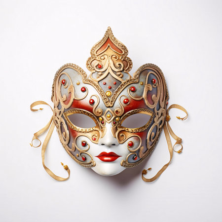 Small carnival mask with ornaments white background. Carnival outfits, masks and decorations. A time of fun and celebration before the fast.の写真素材