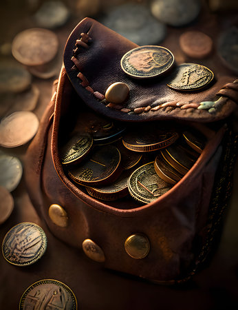 Various coins in a small pouch. A pile of coins. Money and currencies.の素材