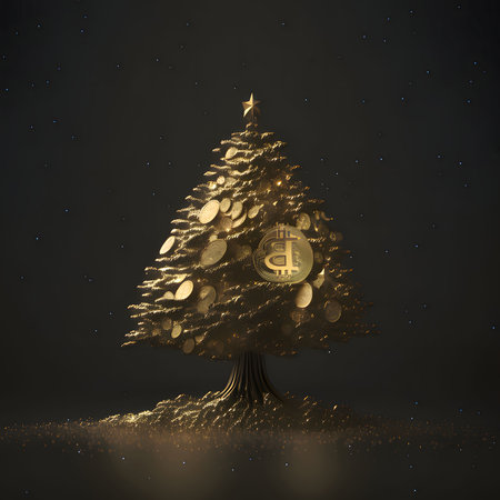 Christmas tree made of gold coins on a dark background. A pile of coins. Money and currencies.の素材