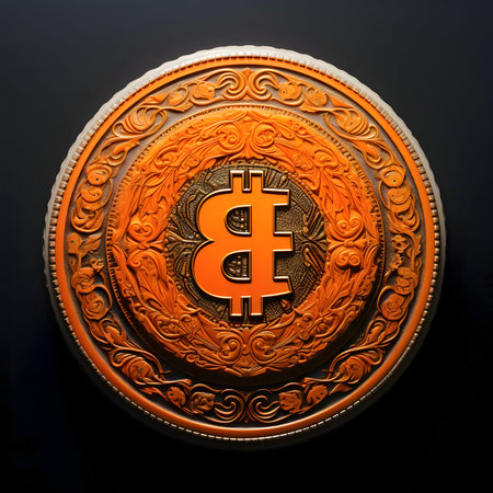 Bitcoin symbol on orange coin with ornaments. Top view dark background. A pile of coins. Money and currencies.の素材