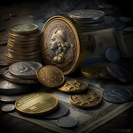 Gold coins and banknotes. A pile of coins. Money and currencies.の素材