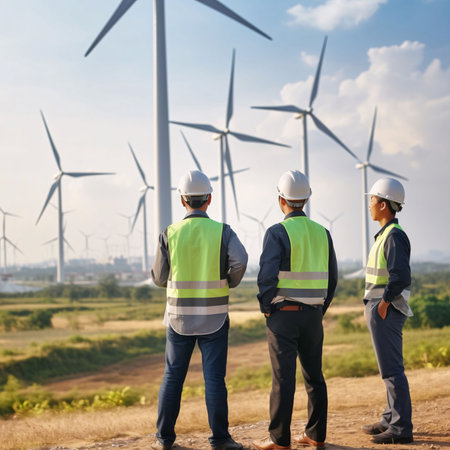 Workers in yellow vests and white helmets looking at a windmill farm. March as Employee Appreciation...