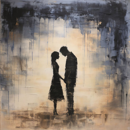 Painted watercolor painting with black silhouette of a woman holding a man's hand.Silhouette concept, tattoo artist.の写真素材