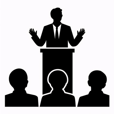 Vector illustration of a man speaking in front of a crowd in black silhouette against a clean white background, capturing graceful forms of this vector.の写真素材