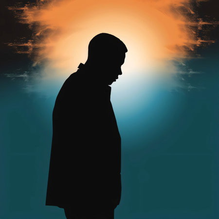 Black silhouette of a man side view on orange and blue background.Silhouette concept, tattoo artist.