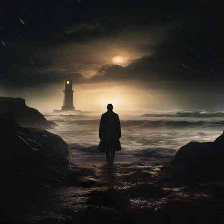 Silhouette of a man walking into a rough sea against the background of a lighthouse.Silhouette...