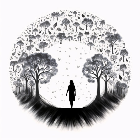 Vector illustration of a woman and trees in a circle in black silhouette against a clean white background, capturing graceful forms of this vector.の写真素材