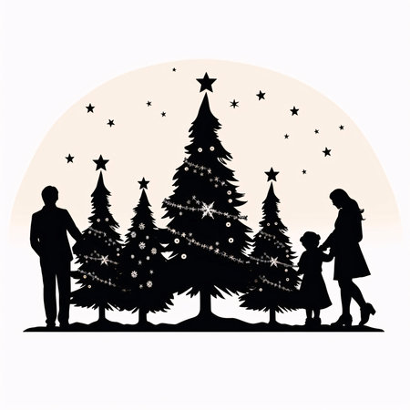 Vector illustration of Christmas trees, people in black silhouette against a clean white background, capturing graceful forms of this vector.の写真素材