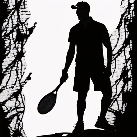 Vector illustration of a badminton player in black silhouette against a clean white background, capturing graceful forms of this vector.の写真素材