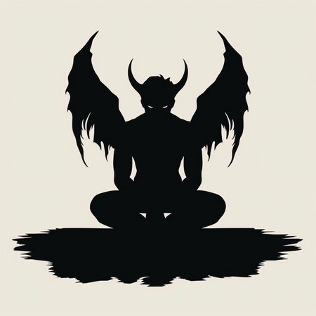 Vector illustration of a devil, demon in black silhouette against a clean white background,...