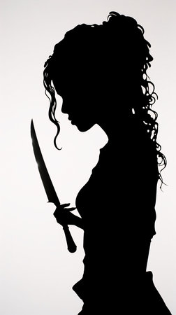 Vector illustration of a girl with a sword in black silhouette against a clean white background, capturing graceful forms of this vector.の写真素材