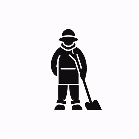 Vector illustration of a man with a shovel in black silhouette against a clean white background, capturing graceful forms of this vector.のイラスト素材