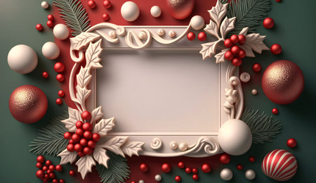 Blank in the middle with a decorated white border around it. Red background, baubles. Graphic with...