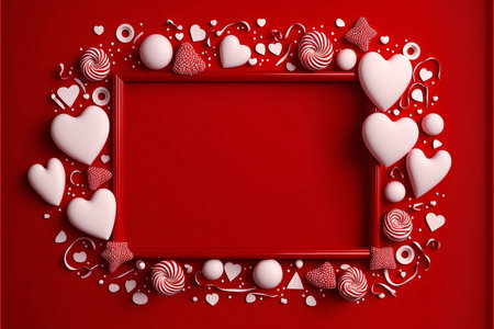A red blank sheet of paper with space for your own content as an image. Frame made of white hearts...