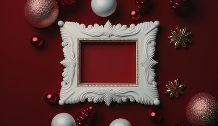 Blank in the middle with a decorated white border around it. Red background, baubles. Graphic with...