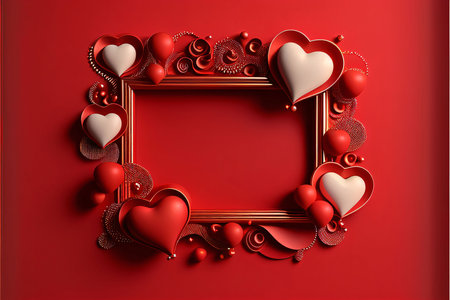 A red blank sheet of paper with space for your own content as an image. Frame made of hearts. Graphic with space for your own content.の写真素材