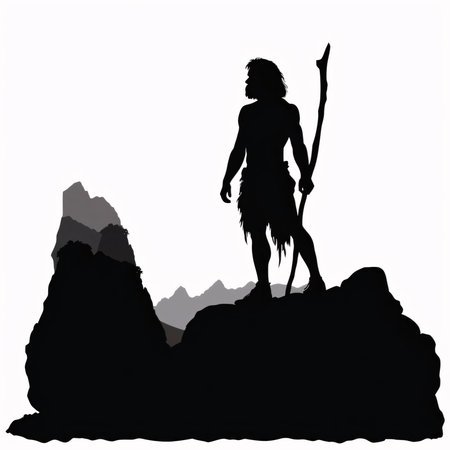 Vector illustration of a prehistoric man with a stick on a stone. in black silhouette against a clean white background, capturing graceful forms of this vector.の写真素材