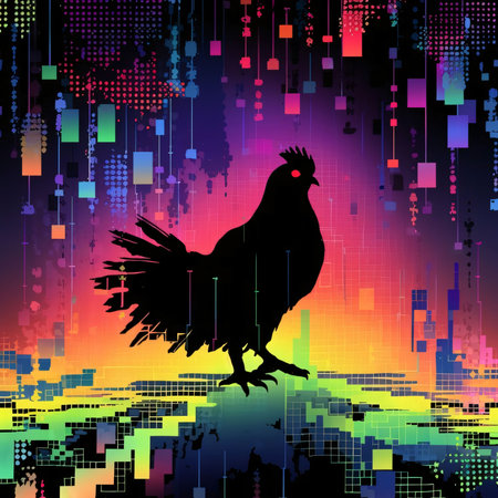 Vector illustration of a chicken in black silhouette against a clean rainbow background, capturing graceful forms of this vector.の写真素材