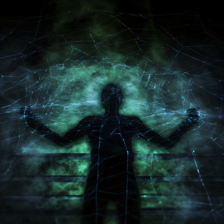 Black silhouette of a large man against a net background.Silhouette concept, tattoo artist.の写真素材